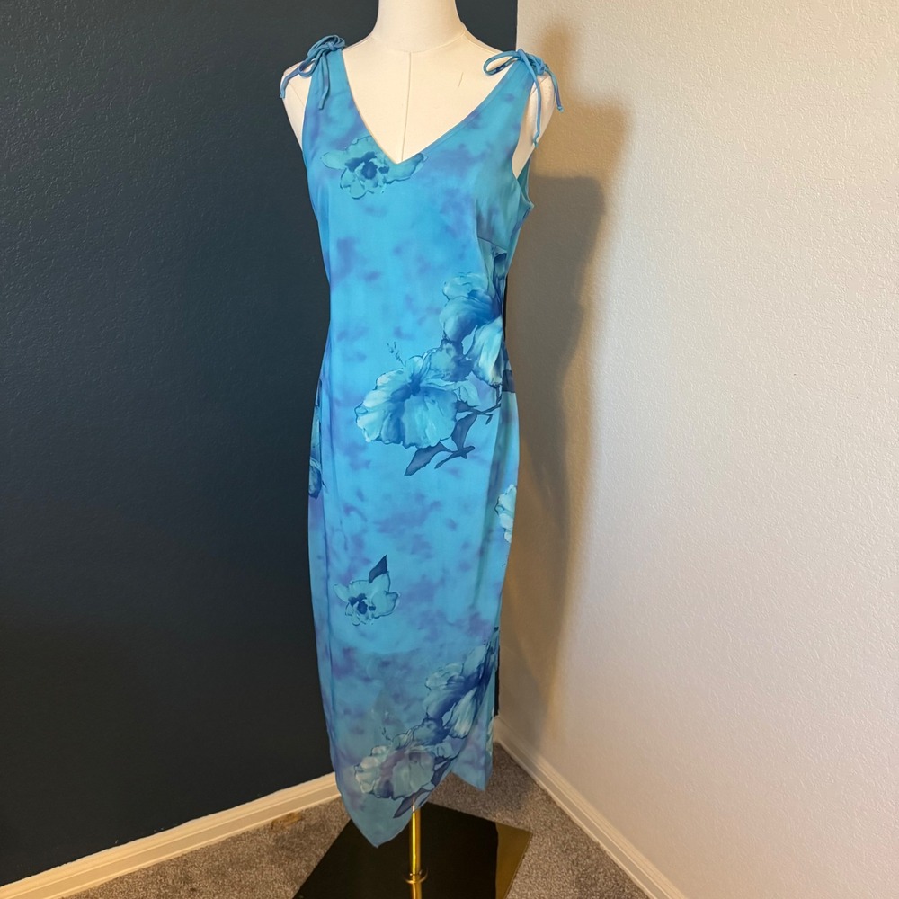 Y2K Whimsical Hibiscus Floral Mesh Midi Dress Mirrors Vintage Large Blue